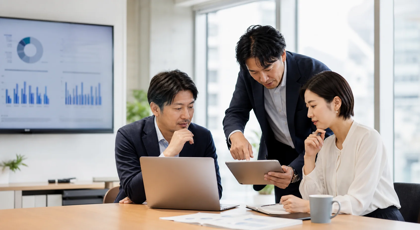 複数部門の社員が業務データを見ながら改善方法を検討している様子